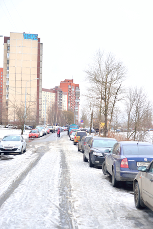 ST.PETERSBURG, RUSSIA - 6 MARCH 2016: Fisherman's avenue in microdistrict Ribatskoe on the outskirts of St. Petersburg at winter.のeditorial素材