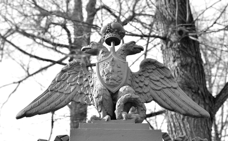 Coat of arms of the Russian Empire double-headed eagle in St.Petersburg, Russia. Black and white.のeditorial素材