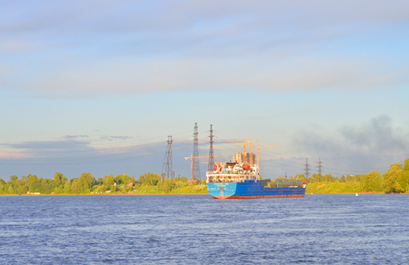 River cargo ship on the river Neva on the outskirts of St. Petersburg, Russia.の写真素材
