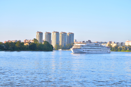 ST.PETERSBURG, RUSSIA - 14 JULY 2016: View of Neva river, microdistrict Ribatskoe and and cruise ship on the outskirts of St. Petersburg, Russia.のeditorial素材