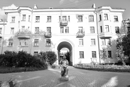 ST.PETERSBURG, RUSSIA - 16 JULY 2016: The building in the style of Stalin in Metallostroy, outskirts of St. Petersburg. Black and white.のeditorial素材