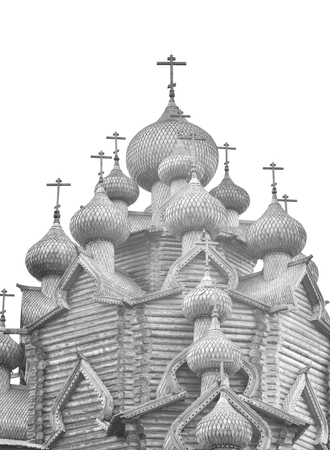 Wooden Church of the Intercession in the style of Russian wooden architecture in the Nevsky Forest Park near St. Petersburg, Russia. Black and white.のeditorial素材