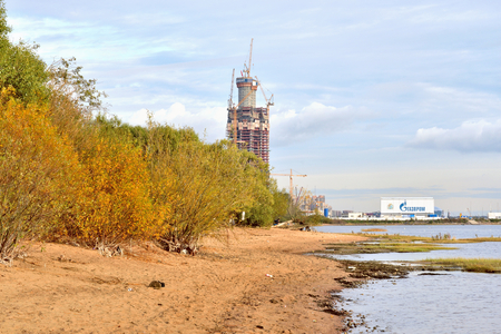 ST.PETERSBURG, RUSSIA - 25 SEPTEMBER, 2016: Under construction skyscraper Lakhta Center and coast of Gulf of Finland at evening.のeditorial素材
