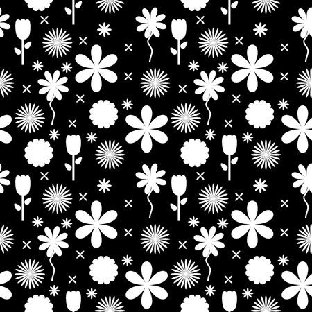 Black and white flowers background seamless pattern. Vector illustration.のイラスト素材