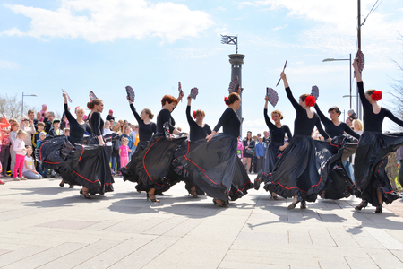 ST.PETERSBURG, RUSSIA - 21 MAY 2017: Group of women dancing flamenco on city street in St. Petersburg. Project Dancing Petersburg.のeditorial素材