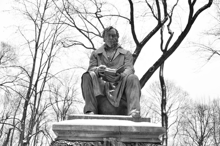 ST.PETERSBURG, RUSSIA - 24 FEBRUARY 2017: Monument to Ivan Krylov in the Summer Garden. Ivan Krylov - Russian writer, poet, fabulist, publisher of satirical and educational journals. Black and white.のeditorial素材