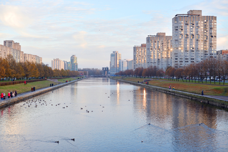 View of Smolenka River and Novo Smolenskaya embankment on Vasilevsky Island in St. Petersburg, Russia.の写真素材