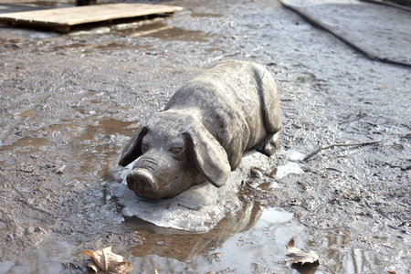 ST.PETERSBURG, RUSSIA - 21 MARCH 2017: Wooden statue of pig in spring mud in park of St.Petersburg.のeditorial素材