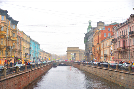 ST.PETERSBURG, RUSSIA - 27 MARCH 2017: Embankment of the Griboedov Canal at cloud snow spring day.のeditorial素材