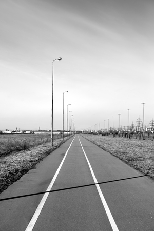 Bike path on outskirts of St.Petersburg, Russia. Black and white.の写真素材