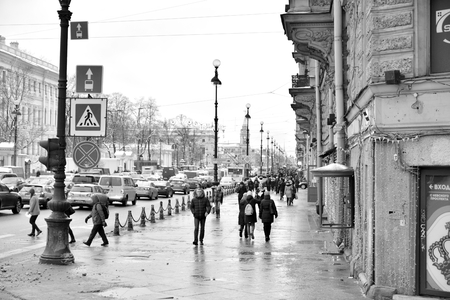 ST.PETERSBURG, RUSSIA - 22 DECEMBER 2017: View of the Nevsky Prospect - the main street of St.Petersburg. Black and white.のeditorial素材