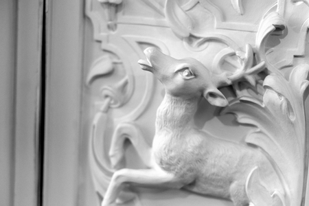 ST.PETERSBURG, RUSSIA - 6 MAY 2017: Deer statue closeup. Fragment of interior of the Marble Palace, a branch of the Russian Museum. Black and white.のeditorial素材