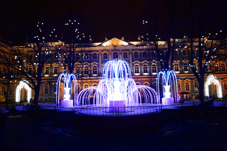 ST.PETERSBURG, RUSSIA - 5 JANUARY 2018: The fountain is decorated with garlands for the New Year in Petersburg at night.のeditorial素材