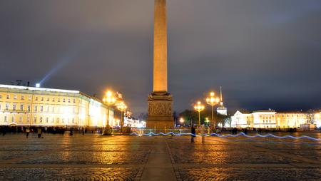 Alexander Column on Palace Square in St.Petersburg at night, Russia.のeditorial素材
