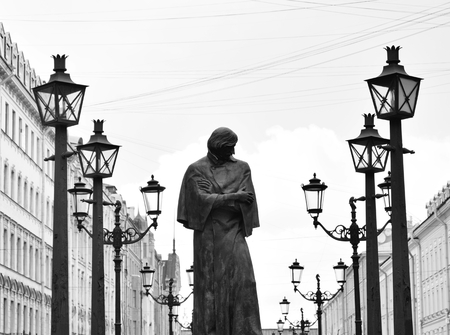 Monument to the writer Gogol on Malaya Konyushennaya street in St.Petersburg, Russia. Black and white.の写真素材