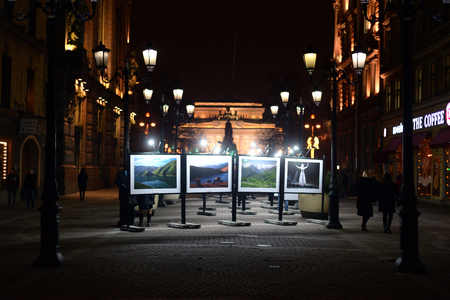 ST.PETERSBURG, RUSSIA - 29 NOVEMBER 2017: Exhibition of the Caucasus seven stories on Malaya Sadovaya street in historical center of Saint Petersburg at night.のeditorial素材