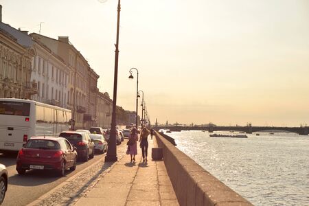 ST.PETERSBURG, RUSSIA - 24 AUGUST 2018: View of the Makarova embankment of Neva River at summer sunny evening in St. Petersburg.のeditorial素材