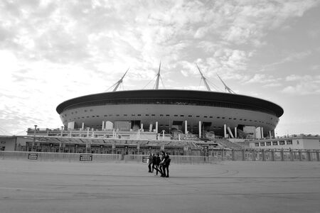 ST.PETERSBURG, RUSSIA - 17 OCTOBER 2018: New Stadium St. Petersburg in the eponymous city of the Russian Federation, located on Krestovsky island. Black and white.のeditorial素材