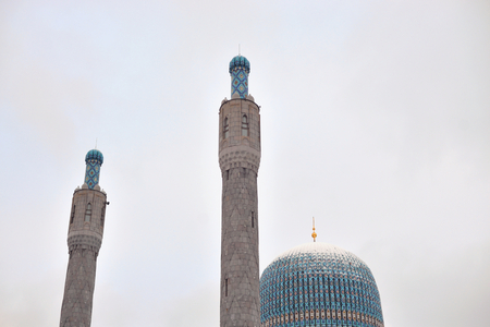 Minarets of Saint Petersburg Mosque on Petrograd Side at cloud day, Russia.の写真素材