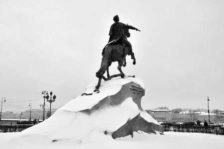 SAINT PETERSBURG, RUSSIA - 30 DECEMBER 2018: Bronze Horseman - monument to Peter I on the Senate Square in St. Petersburg at cloud winter day. Black and white.のeditorial素材