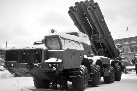 SAINT PETERSBURG, RUSSIA - 5 JANUARY 2019: Fighting vehicle 9A52 300-mm multiple rocket launchers Smerch 9K58 in Military Artillery Museum. Adopted in 1987.のeditorial素材