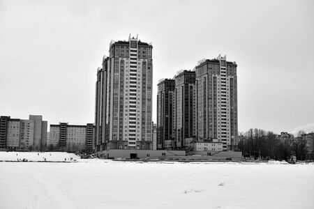 SAINT PETERSBURG, RUSSIA - 9 MARCH 2018: Skyscrapers housing complex in microdistrict Ribatskoe on the outskirts of St.Petersburg. Black and white.のeditorial素材