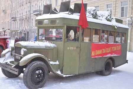 ST.PETERSBURG, RUSSIA - 27 JANUARY 2019: The Street Life. Retro truck GAZ-03-30. Cultural project for the 75th anniversary of the liberation of the Nazi Siege of Leningrad.のeditorial素材