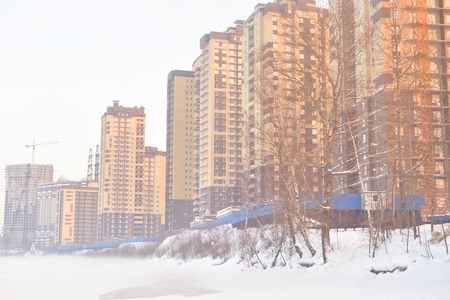 Houses under construction on the outskirts of St. Petersburg, microdistrict Ribatskoe, Russia.の写真素材