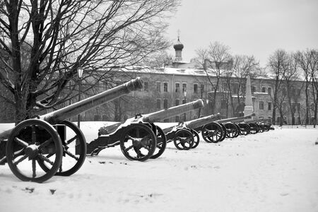 SAINT PETERSBURG, RUSSIA - 5 JANUARY 2018: Old guns in Military Artillery Museum in St.Petersburg, Russia. Black and white.のeditorial素材