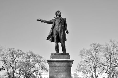 ST.PETERSBURG, RUSSIA - 6 MARCH 2019: Statue of Alexander Pushkin on Arts Square in St.Petersburg, Russia. Black and white.のeditorial素材