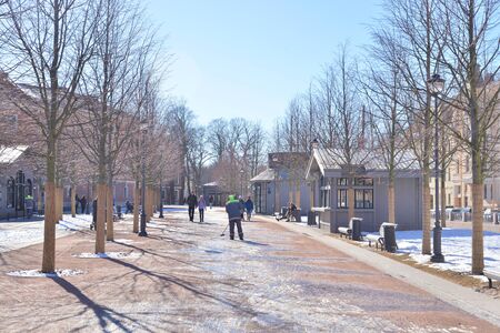 ST.PETERSBURG, RUSSIA - 27 MARCH 2019: Park in New Holland island in St. Petersburg at spring sunny day.のeditorial素材