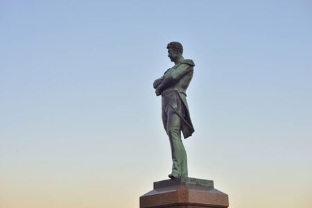 ST.PETERSBURG, RUSSIA - 21 APRIL 2019: Monument to russian explorer and admiral Ivan Fedorovich Krusenstern at evening on the embankment of Lieutenant Schmidt on Vasilevsky Island in St. Petersburg.のeditorial素材