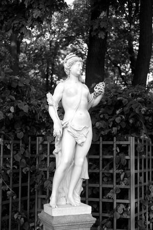 ST.PETERSBURG, RUSSIA - 1 JUNE 2019: The Libyan Sibyl statue in Summer Garden in Saint Petersburg, Russia. Sibyl in the ancient culture of the prophetess and soothsayer. Black and white.のeditorial素材