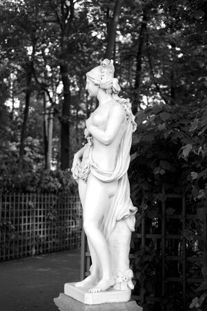 ST.PETERSBURG, RUSSIA - 1 JUNE 2019: The Sibyl European statue in Summer Garden in Saint Petersburg, Russia. Sibyl in the ancient culture of the prophetess and soothsayer. Black and white.のeditorial素材