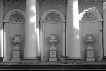 Fragment of Yelagin Palace with archs and vases in St.Petersburg, Russia. Black and white.のeditorial素材