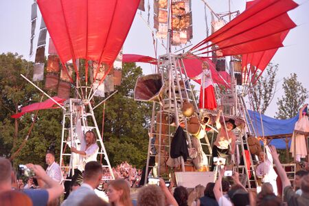SAINT-PETERSBURG, RUSSIA - 26 JULY 2019: Artists of the theatre Osmego Dnia play performance the Ark in the street at the 9th Street Theater Festival in Elagin Park.のeditorial素材