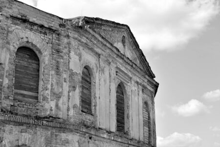 The ruins of synagogue in Stolin, Belarus. Black and white.