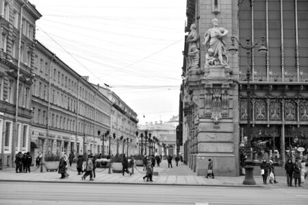ST.PETERSBURG, RUSSIA - 1 FEBRUARY 2020: Corner of Nevsky Prospekt and Malaya Sadovaya street in St.Petersburg. Black and white.のeditorial素材
