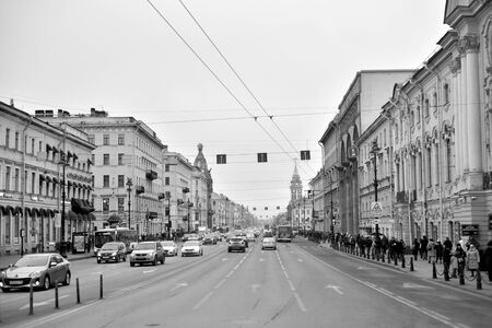 ST.PETERSBURG, RUSSIA - 1 FEBRUARY 2020: View of the Nevsky Prospect - the main street of St.Petersburg. Black and white.のeditorial素材