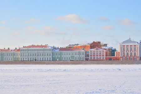 View of University Embankment in historic center of Saint Petersburg at winter, Russia.の写真素材
