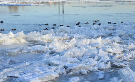 Ice floes on the river at winter day, Russia.の写真素材