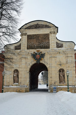 Petrovsky Gate in Peter and Paul Fortress on winter day, Petersburg.の写真素材