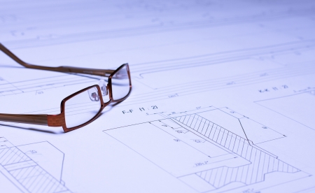 Glasses laying on the blueprint  Architectの写真素材