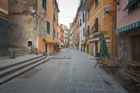 Historic buildings of Vernazza, Liguria, Italy, typical streetの写真素材
