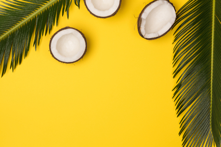 coconuts and palm leaves isolated on yellow background, top viewの写真素材