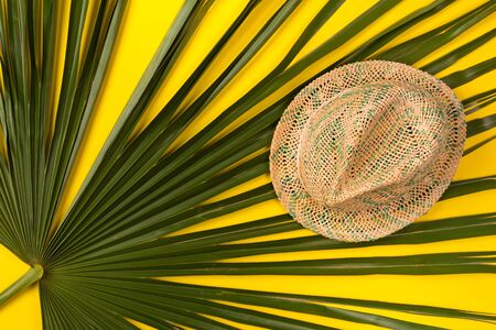 Big palm leaf and hat on yellow background. Top view.の写真素材