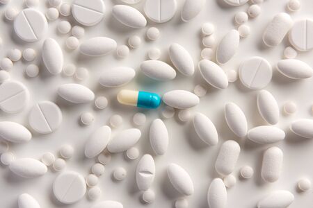 Different pills on white background. Flat lay.の写真素材