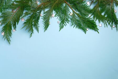 Festive Christmas background with fir twigs. Flat lay, top view on light blue paper background with copy-spaceの写真素材