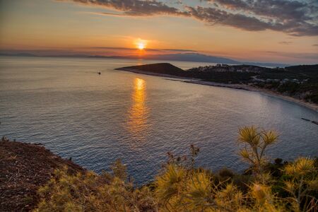 Sunset near Atspas Beach. Famous beach of Thassos island.の写真素材
