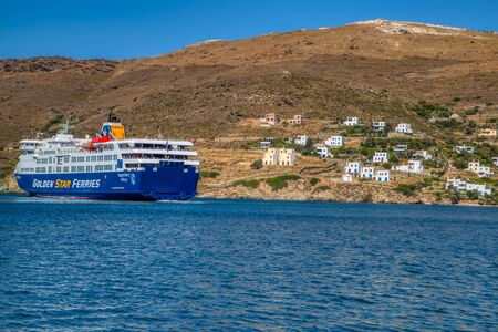 Andros, Cyclades /Greece - July 24 2018: Photo from Golden Star Ferries cruise ship sailing in Gavrio, port of Andros islandのeditorial素材
